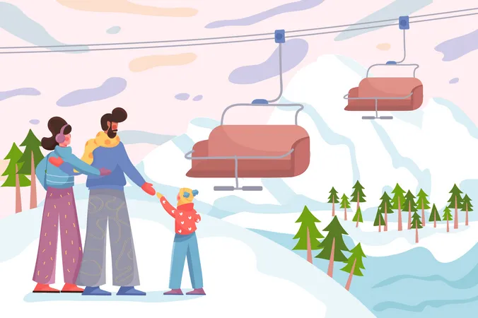 Família na estância de esqui  Ilustração