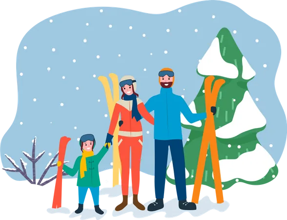 Família na estação de esqui  Ilustração