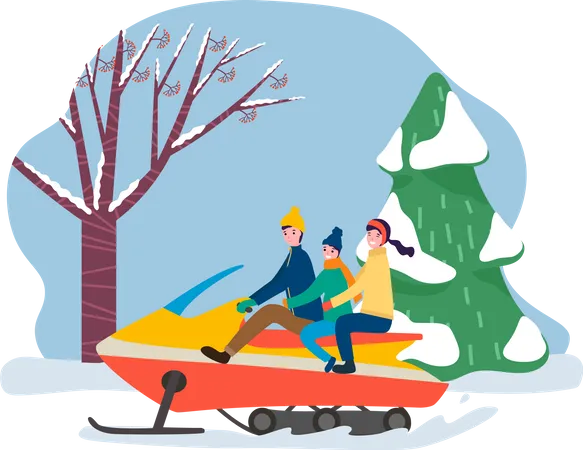 Família nas férias de inverno andando de snowmobile  Ilustração