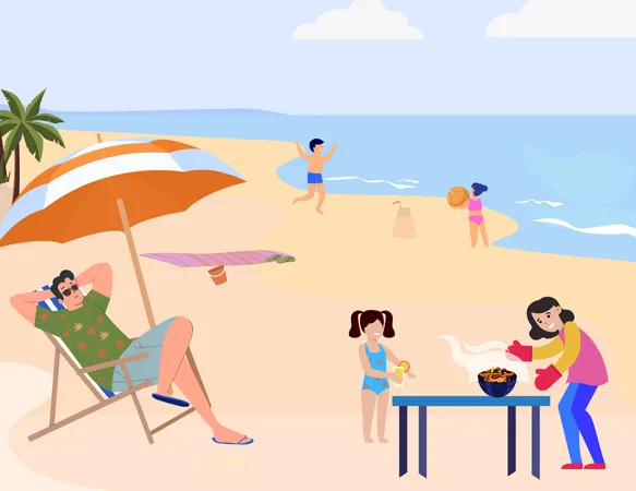 Família na praia de férias  Ilustração