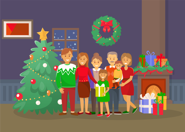 Familia navideña en casa, gente junto a un pino  Ilustración
