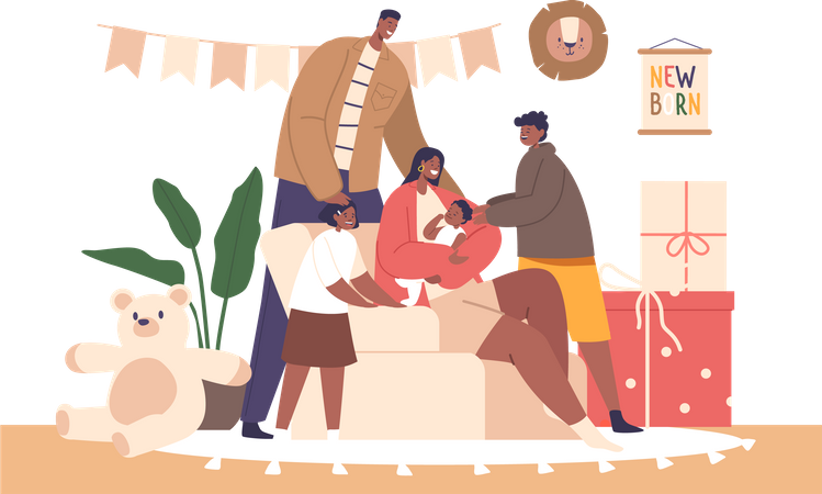 Família negra se reúne em casa para conhecer a chegada de um recém-nascido  Ilustração