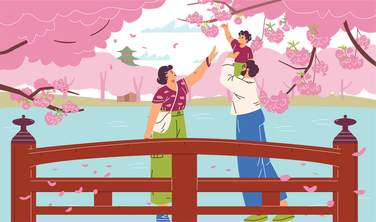 Família no parque da primavera com árvores de flores de sakura  Ilustração