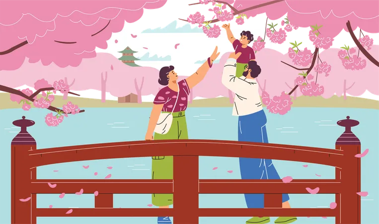 Família no parque da primavera com árvores de flores de sakura  Ilustração