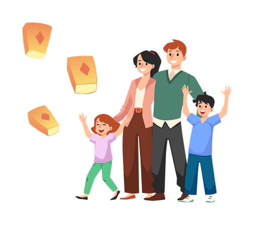 Família observando o lançamento de lanternas brilhantes  Ilustração