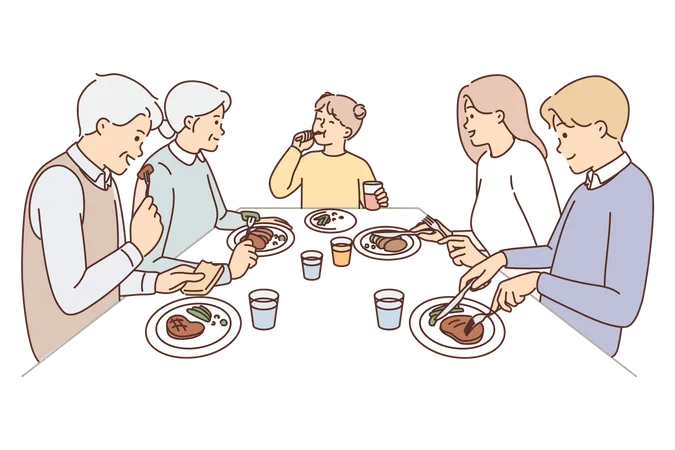 La familia cena junta  Ilustración