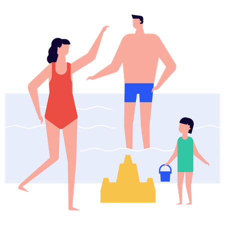 Familia pasando tiempo en la playa  Ilustración