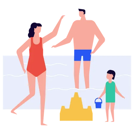 Família passando tempo na praia  Ilustração