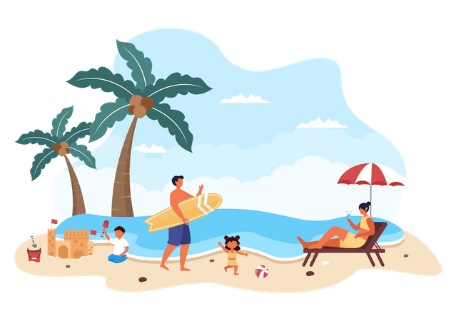 Família passando tempo na praia  Ilustração