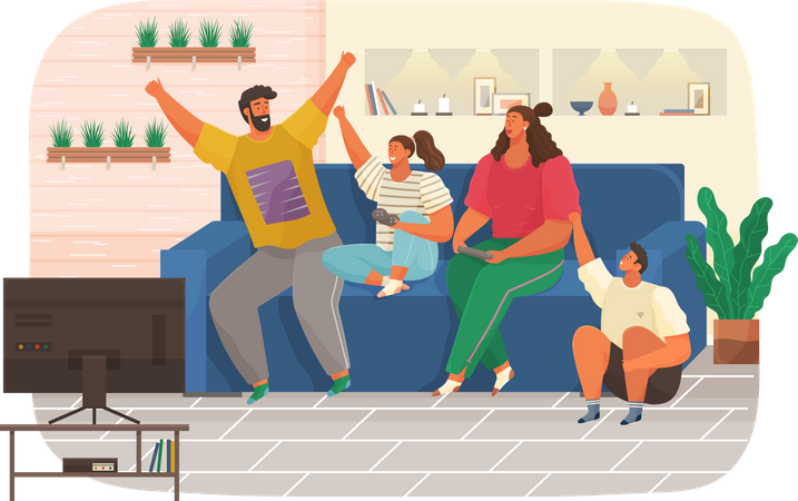 Família passa tempo juntos na sala de estar  Ilustração