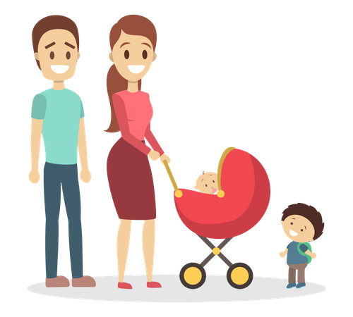 Família andando com criança e carrinho de bebê  Ilustração