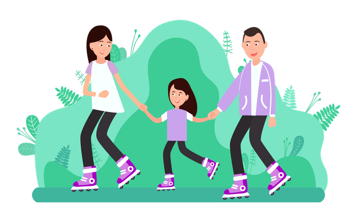 Família patinando juntos  Ilustração