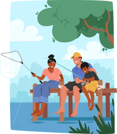 Familia pescando sentada en un muelle de madera  Ilustración