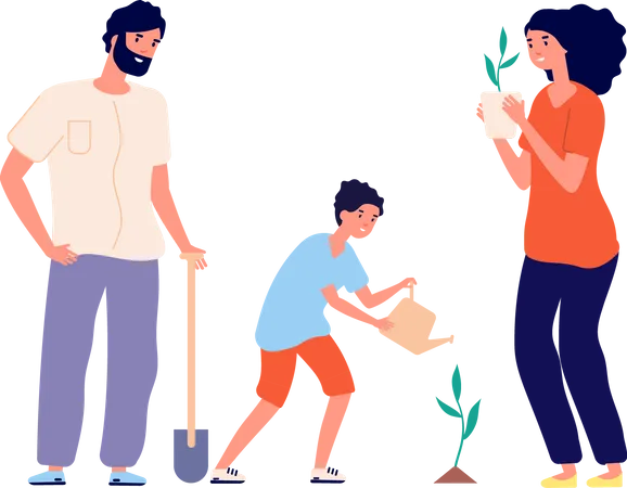 Familia plantando árboles juntos  Ilustración