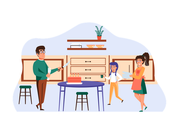 Família preparando bolo de aniversário  Ilustração