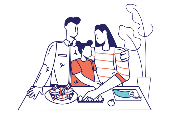 Família preparando o jantar juntos na cozinha de casa  Ilustração