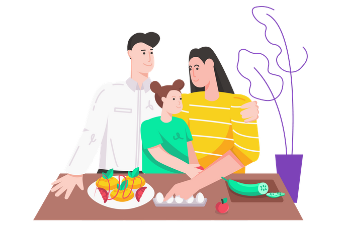 Familia preparando la cena juntos en la cocina de casa  Ilustración