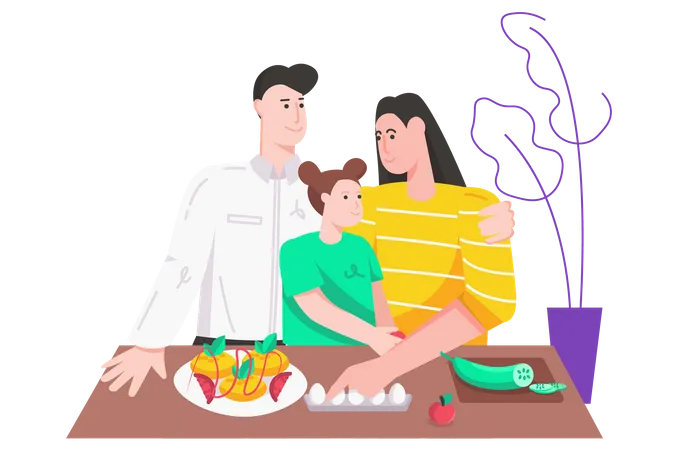 Familia preparando la cena juntos en la cocina de casa  Ilustración