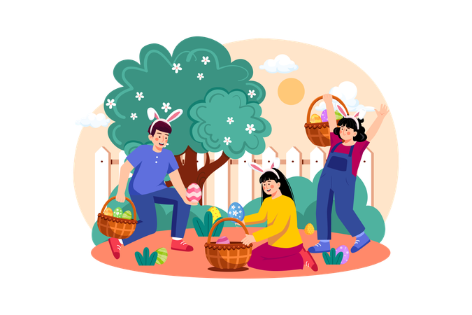 Familia recogiendo huevos de Pascua juntos  Ilustración