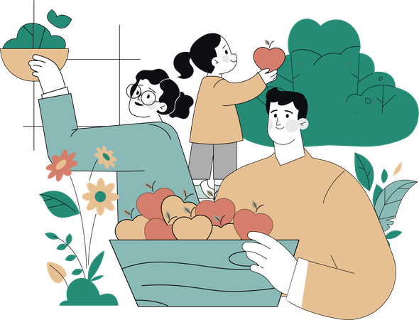 Familia recogiendo manzanas  Ilustración