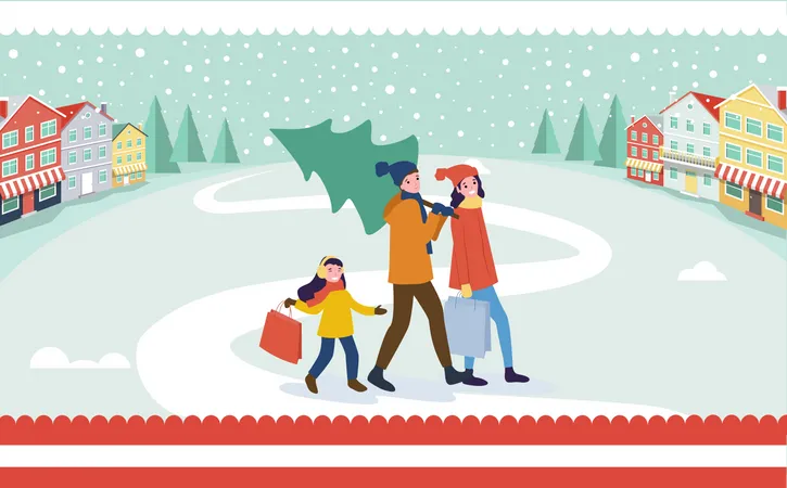 Familia volviendo a casa con árbol de Navidad  Ilustración