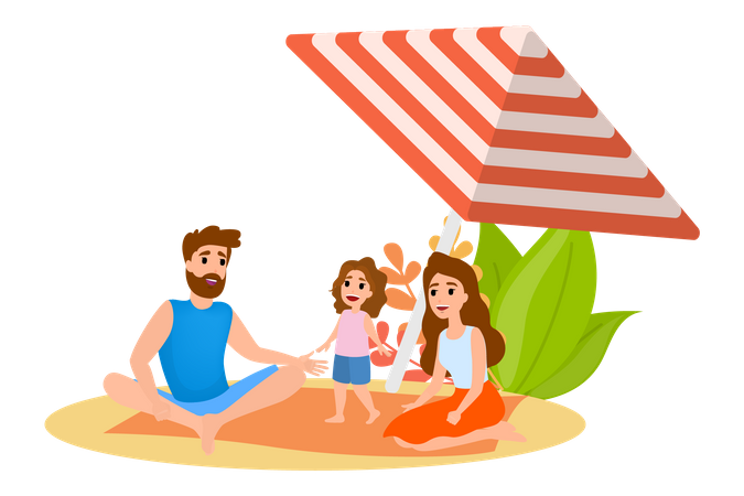 Familia relajarse en la playa  Ilustración