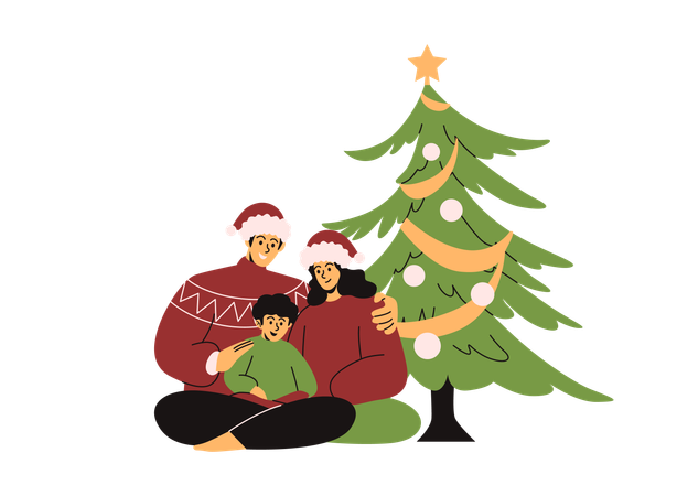 Familia reunida alrededor de un árbol de Navidad bellamente decorado  Ilustración