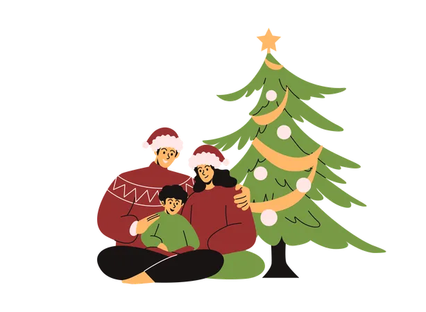 Familia reunida alrededor de un árbol de Navidad bellamente decorado  Ilustración