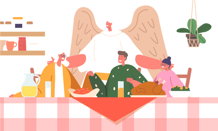Familia reunida alrededor de una mesa con pavo y orando mientras el ángel  Ilustración