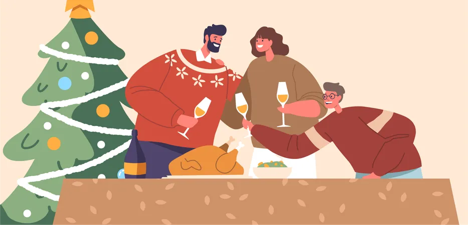 Família se reúne em torno da mesa de Natal  Ilustração