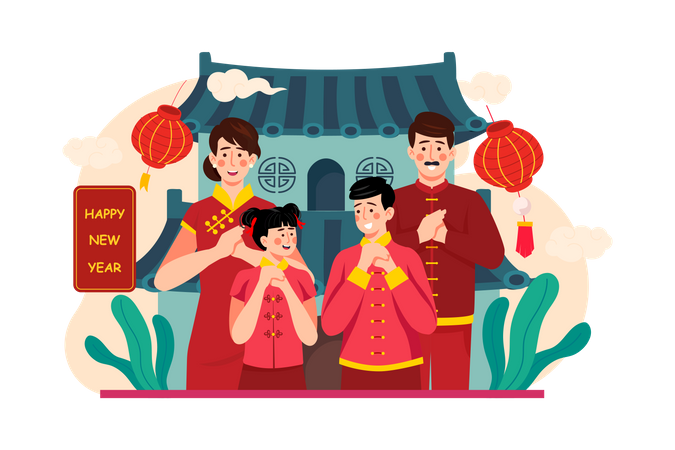 Família cumprimentando o ano novo chinês  Ilustração