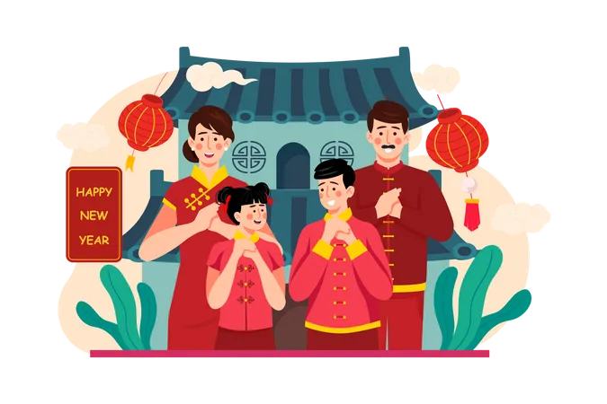 Família cumprimentando o ano novo chinês  Ilustração