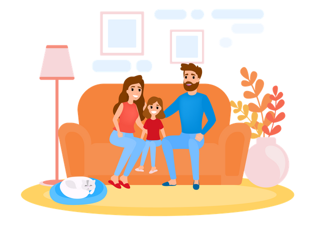 Familia sentada en el sofá con gato en casa  Ilustración