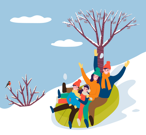 Familia sentada sobre un tobogán de hielo  Ilustración