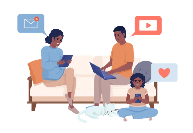 Familia sentada en el sofá con gadgets  Ilustración
