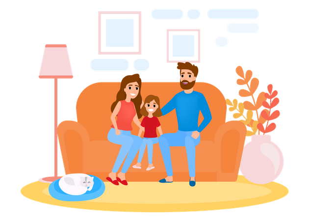 Família sentada no sofá com gato em casa  Ilustração