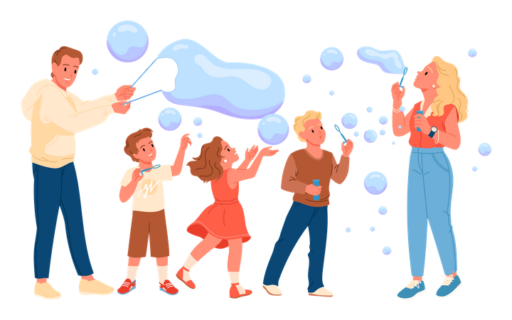 Familia soplando burbujas y divirtiéndose  Ilustración