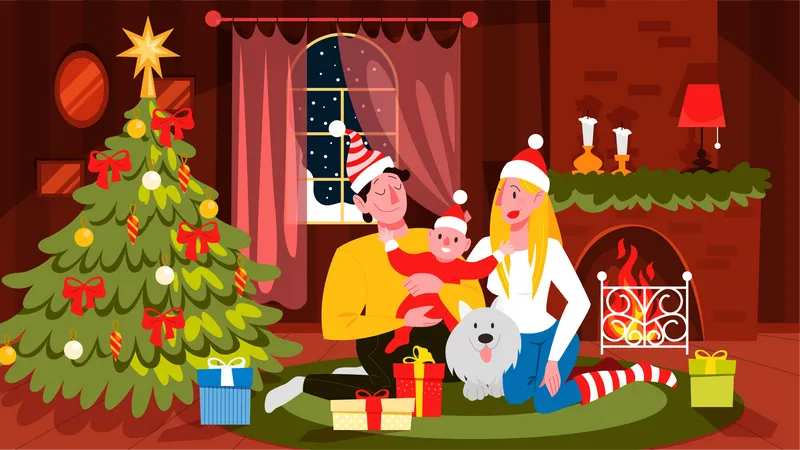 Familia celebrando la Navidad  Ilustración