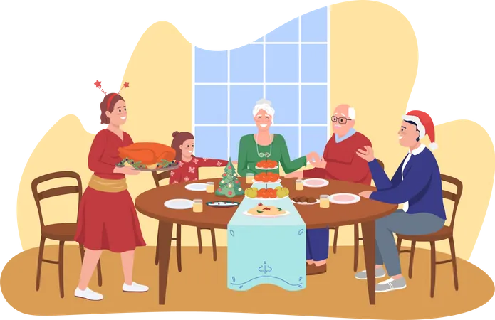 Familia cenando juntos navidad  Ilustración