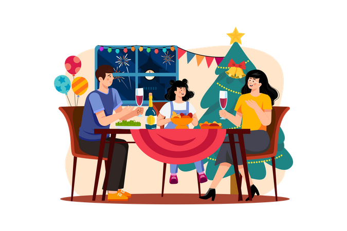 Familia cenando juntos navidad  Ilustración