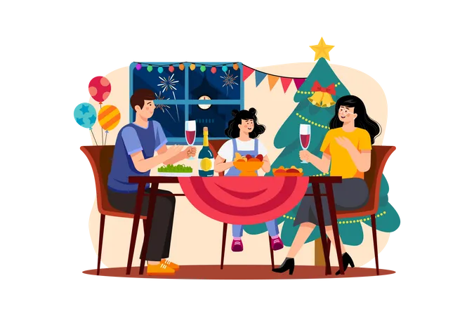 Familia cenando juntos navidad  Ilustración