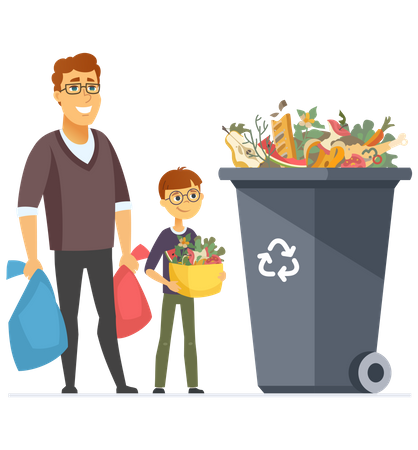 Familia tirando residuos biodegradables en la papelera de reciclaje  Ilustración