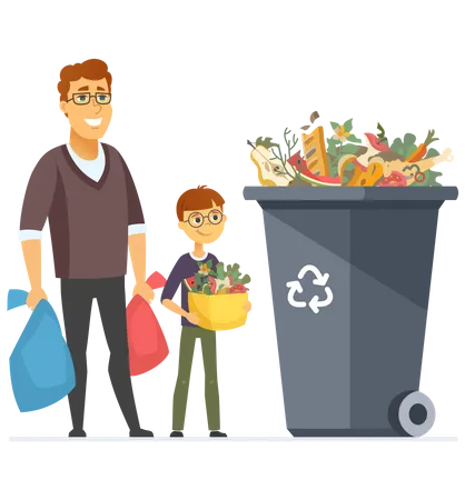 Familia tirando residuos biodegradables en la papelera de reciclaje  Ilustración