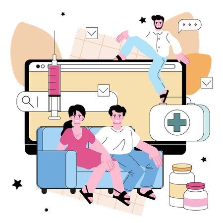 Familia tomando consulta médica en línea  Ilustración