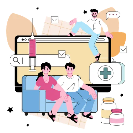 Familia tomando consulta médica en línea  Ilustración