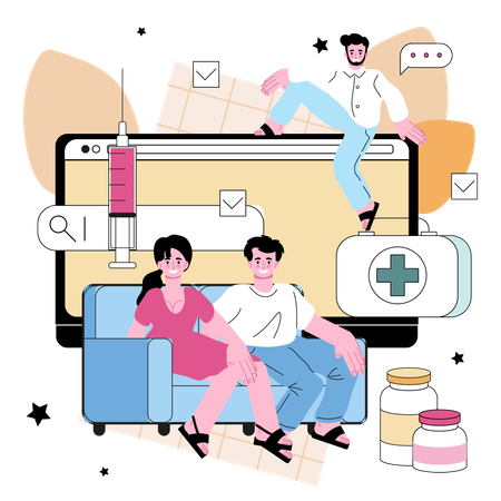 Família fazendo consulta médica on-line  Ilustração