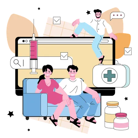 Família fazendo consulta médica on-line  Ilustração