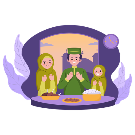 Familia tomando suhur en Ramadán  Ilustración