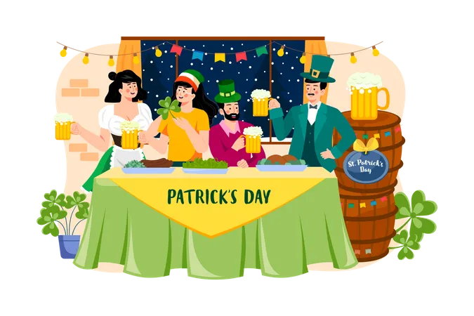 Familia tomando whisky irlandés durante la fiesta del Día de San Patricio  Ilustración