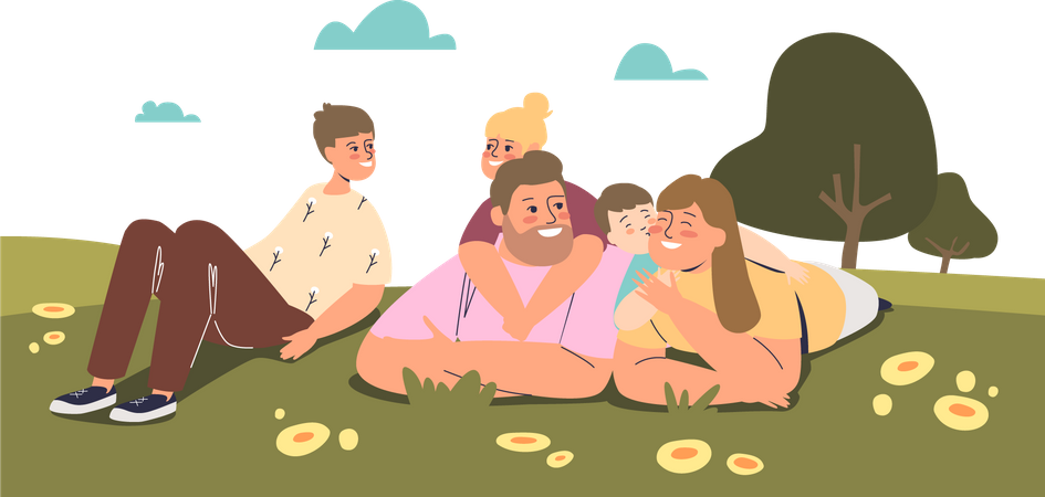 Familia tumbada sobre el césped en el parque  Ilustración